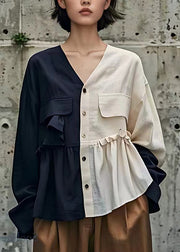 Chic Navy Patchwork Wrinkled Button Top Long Sleeve