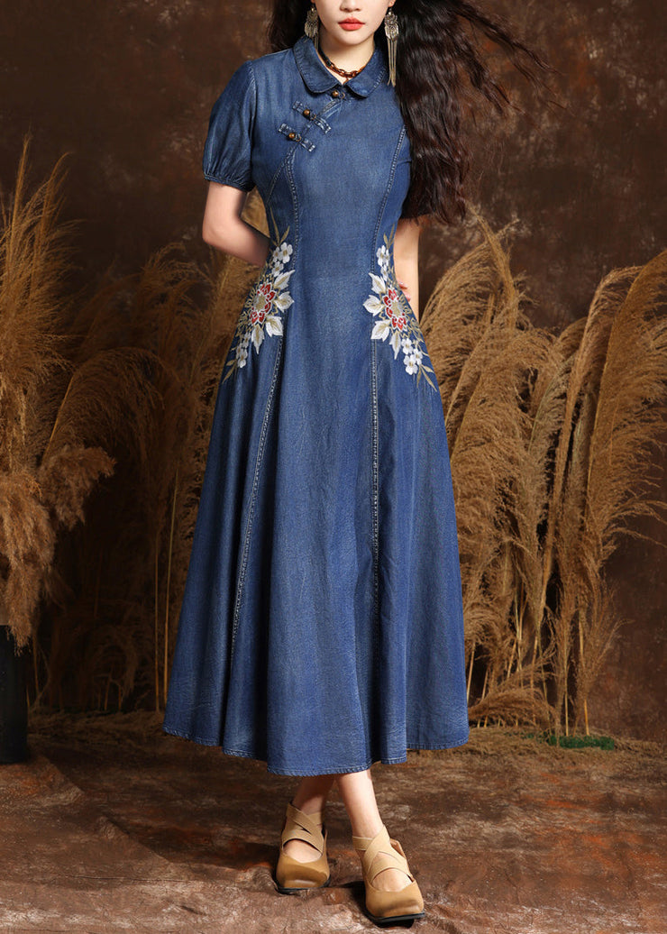 Chic Navy Peter Pan Collar Embroidered Button Denim Maxi Dresses Summer