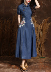 Chic Navy Peter Pan Collar Embroidered Button Denim Maxi Dresses Summer