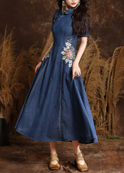 Chic Navy Peter Pan Collar Embroidered Button Denim Maxi Dresses Summer