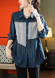 Chic Navy Peter Pan Collar Print Patchwork Button T Shirts Long Sleeve