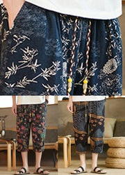 Chic Navy Print Lace Up Elastic Waist Cotton Mens Crop Pants