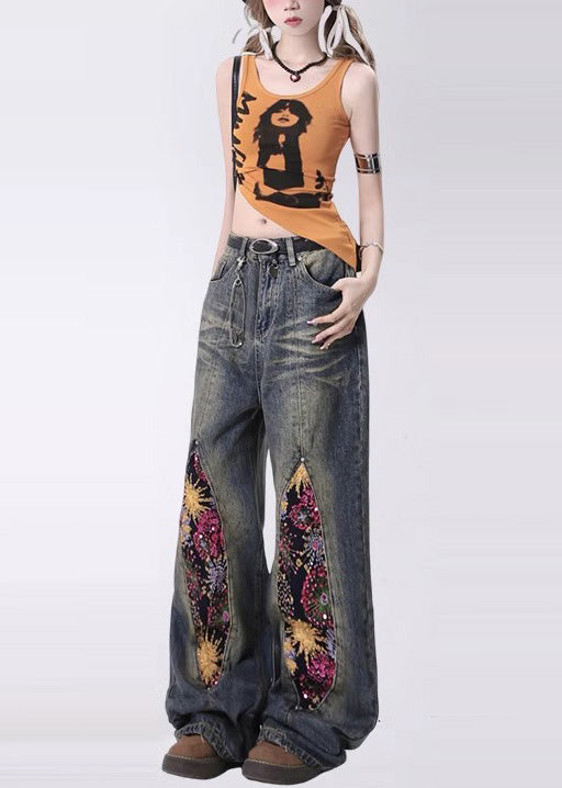 Chic Navy Sequins Patchwork Denim Pants Spring