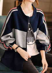 Chic Navy Stand Collar Zippered Patchwork Coat Fall