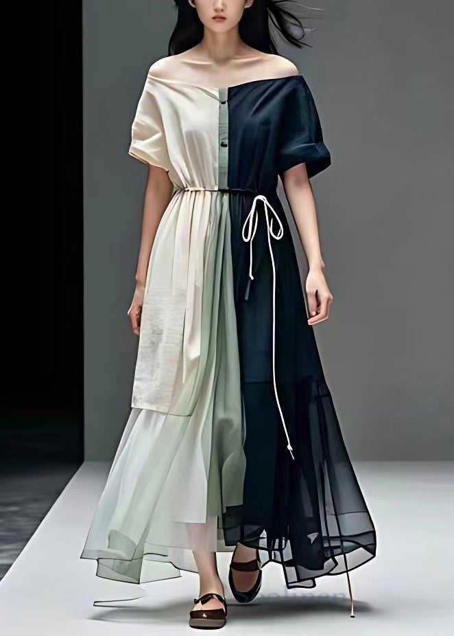 Chic Navy Tie Waist Patchwork Cotton Long Dresses Summer