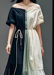 Chic Navy Tie Waist Patchwork Cotton Long Dresses Summer