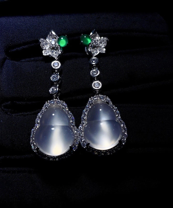 Chic Nude Sterling Silver Inlaid Zircon Jade Gourd Drop Earrings