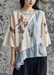 Chic O Neck Print Asymmetrical Patchwork Cotton Top Summer