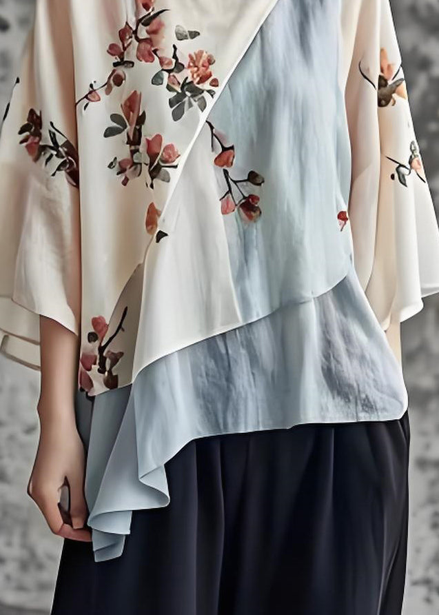 Chic O Neck Print Asymmetrical Patchwork Cotton Top Summer