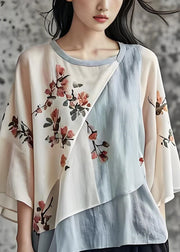 Chic O Neck Print Asymmetrical Patchwork Cotton Top Summer