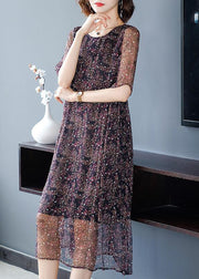 Chic O-Neck Print Wrinkled Silk Long Dresses Short Sleeve