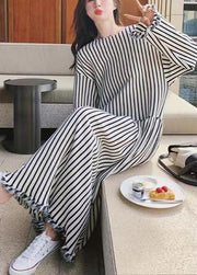 Chic O Neck Striped Patchwork Cotton Long Dresses Long Sleeve
