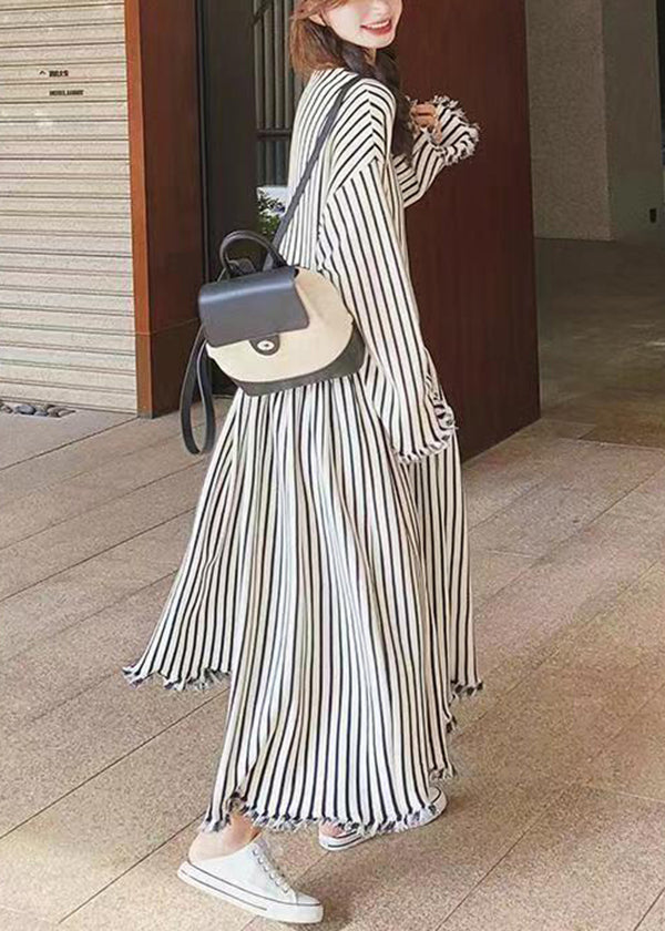 Chic O Neck Striped Patchwork Cotton Long Dresses Long Sleeve