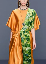 Chic Orange Asymmetrical Patchwork Print Silk Dress Summer