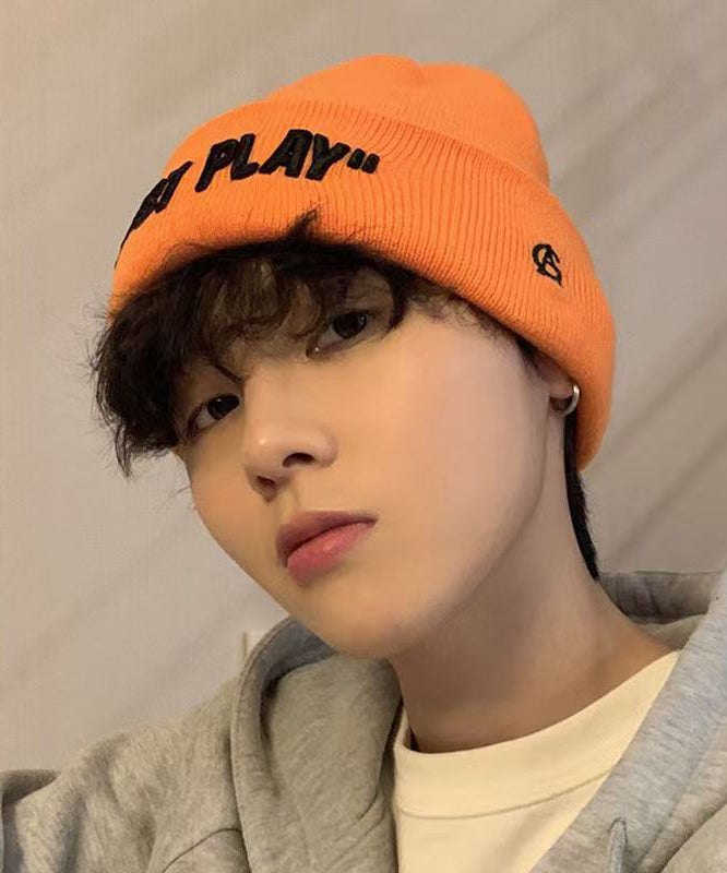 Chic Orange Graphic Embroidered Men Knit Bonnie Hat