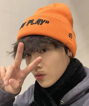 Chic Orange Graphic Embroidered Men Knit Bonnie Hat