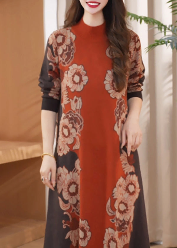 Chic Orange O Neck Print Cozy Long Knit Dress Winter