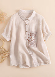 Chic Orange Peter Pan Collar Print Button Solid Linen Shirts Short Sleeve