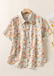Chic Orange Peter Pan Collar Print Cotton Shirt Summer