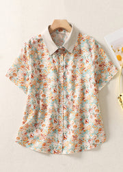 Chic Orange Peter Pan Collar Print Cotton Shirt Summer