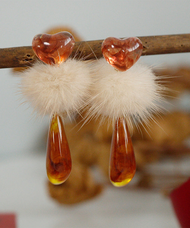 Chic Orange Plastics Resin Fuzzy Ball Decorated Drop Earrings