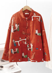 Chic Orange Print Pockets Fine Cotton Filled Oriental Coats Winter