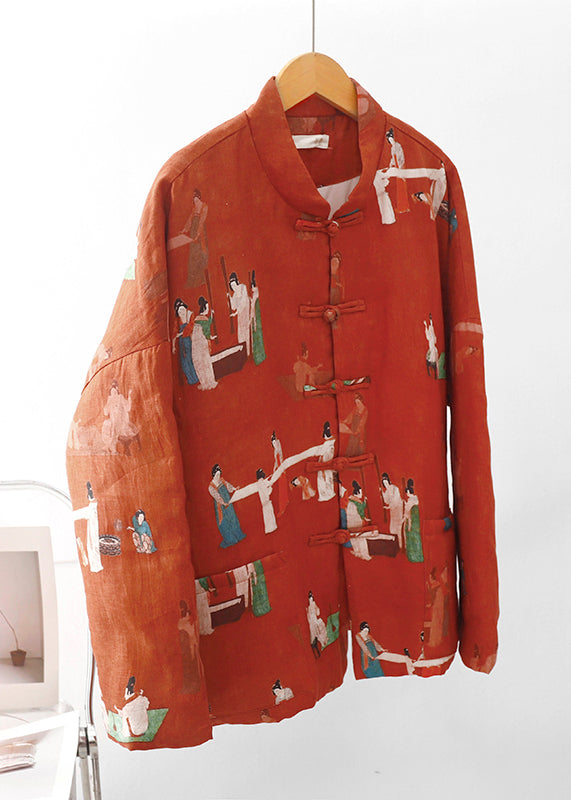 Chic Orange Print Pockets Fine Cotton Filled Oriental Coats Winter