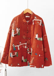 Chic Orange Print Pockets Fine Cotton Filled Oriental Coats Winter