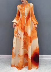 Chic Orange Stand Collar Wrinkled Chiffon Long Dress Spring