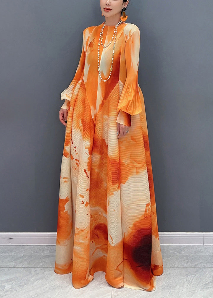 Chic Orange Stand Collar Wrinkled Chiffon Long Dress Spring