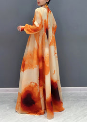 Chic Orange Stand Collar Wrinkled Chiffon Long Dress Spring