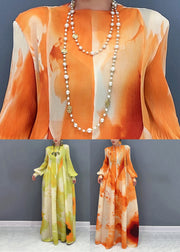 Chic Orange Stand Collar Wrinkled Chiffon Long Dress Spring