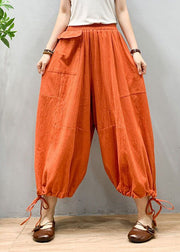 Chic Orange Wrinkled Drawstring Patchwork Linen Lantern Pants Summer