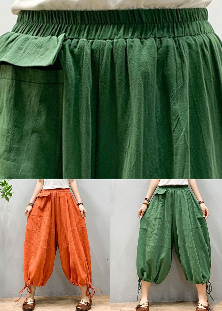 Chic Orange Wrinkled Drawstring Patchwork Linen Lantern Pants Summer