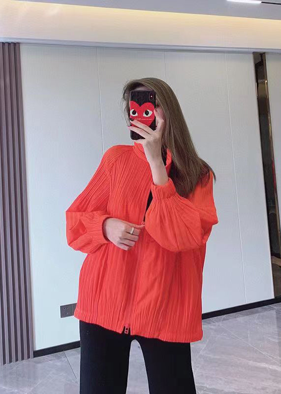 Chic Orange Zip Up Fine Cotton Filled Thin Jackets Spring