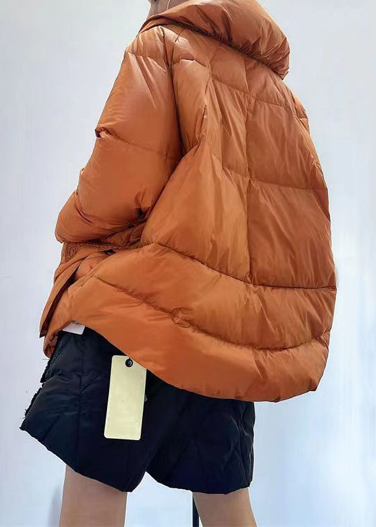 Chic Orange Zip Up Pockets Patchwork Duck Down Down Coats Winter