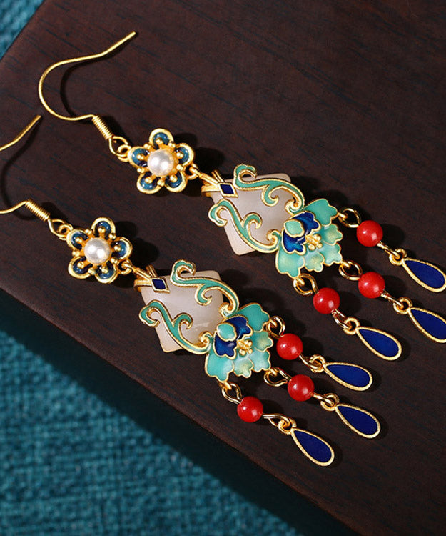 Chic Overgild Jade Cloisonne Peal Floral Drop Earrings