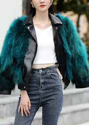 Chic Peacock Blue Pockets Leather And Fur Jacket Long Sleeve