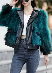 Chic Peacock Blue Pockets Leather And Fur Jacket Long Sleeve