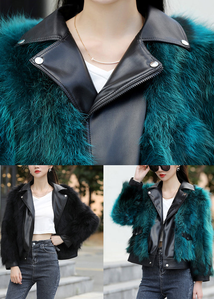 Chic Peacock Blue Pockets Leather And Fur Jacket Long Sleeve