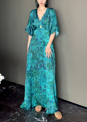 Chic Peacock Blue V Neck Print Satin Maxi Dress Short Sleeve