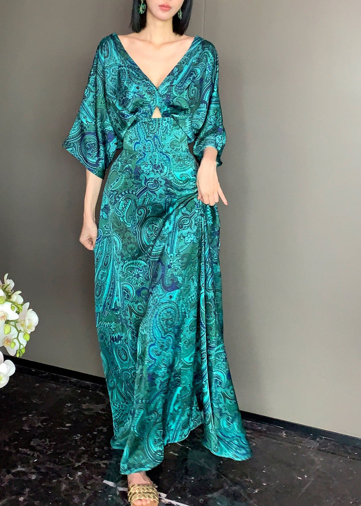 Chic Peacock Blue V Neck Print Satin Maxi Dress Short Sleeve