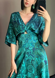 Chic Peacock Blue V Neck Print Satin Maxi Dress Short Sleeve