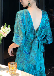 Chic Peacock Blue V Neck Print Satin Maxi Dress Short Sleeve