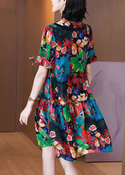 Chic Peter Pan Collar Print Pockets Wrinkled Silk Mid Dresses Short Sleeve