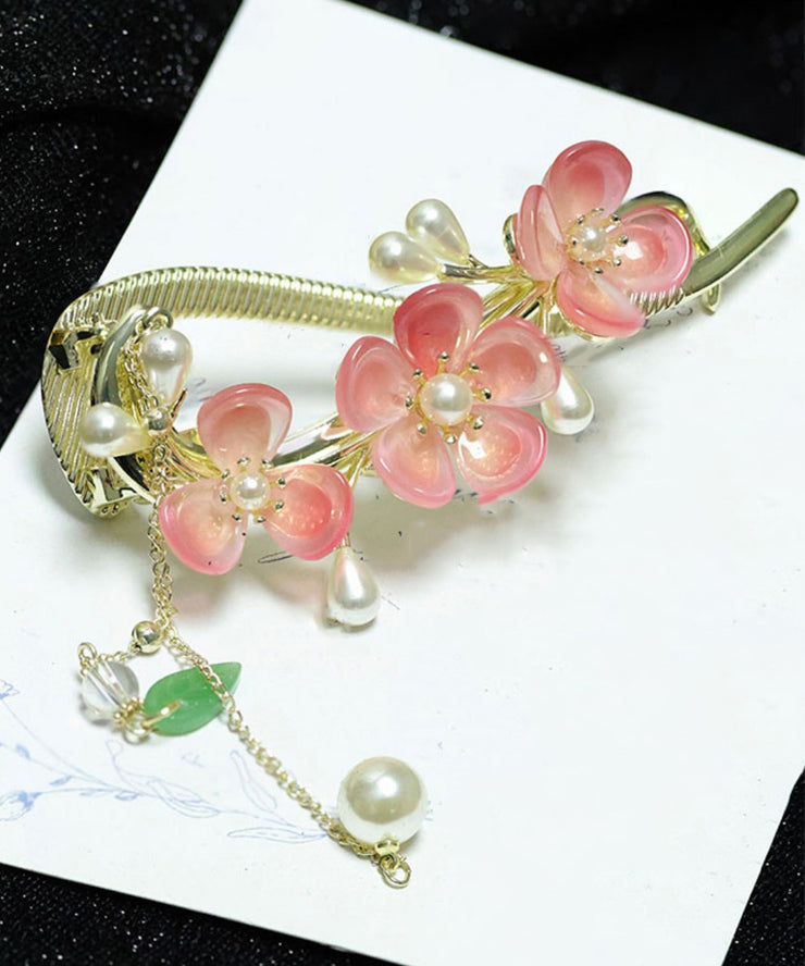 Chic Pink Alloy Pearl Jade Floral Tassel Hairpin