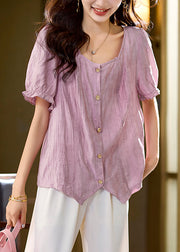 Chic Pink Asymmetrical Button Chiffon Shirt Short Sleeve