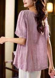 Chic Pink Asymmetrical Button Chiffon Shirt Short Sleeve