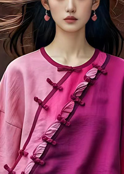 Chic Pink Asymmetrical Button Cotton Shirt Batwing Sleeve