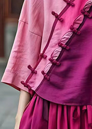 Chic Pink Asymmetrical Button Cotton Shirt Batwing Sleeve